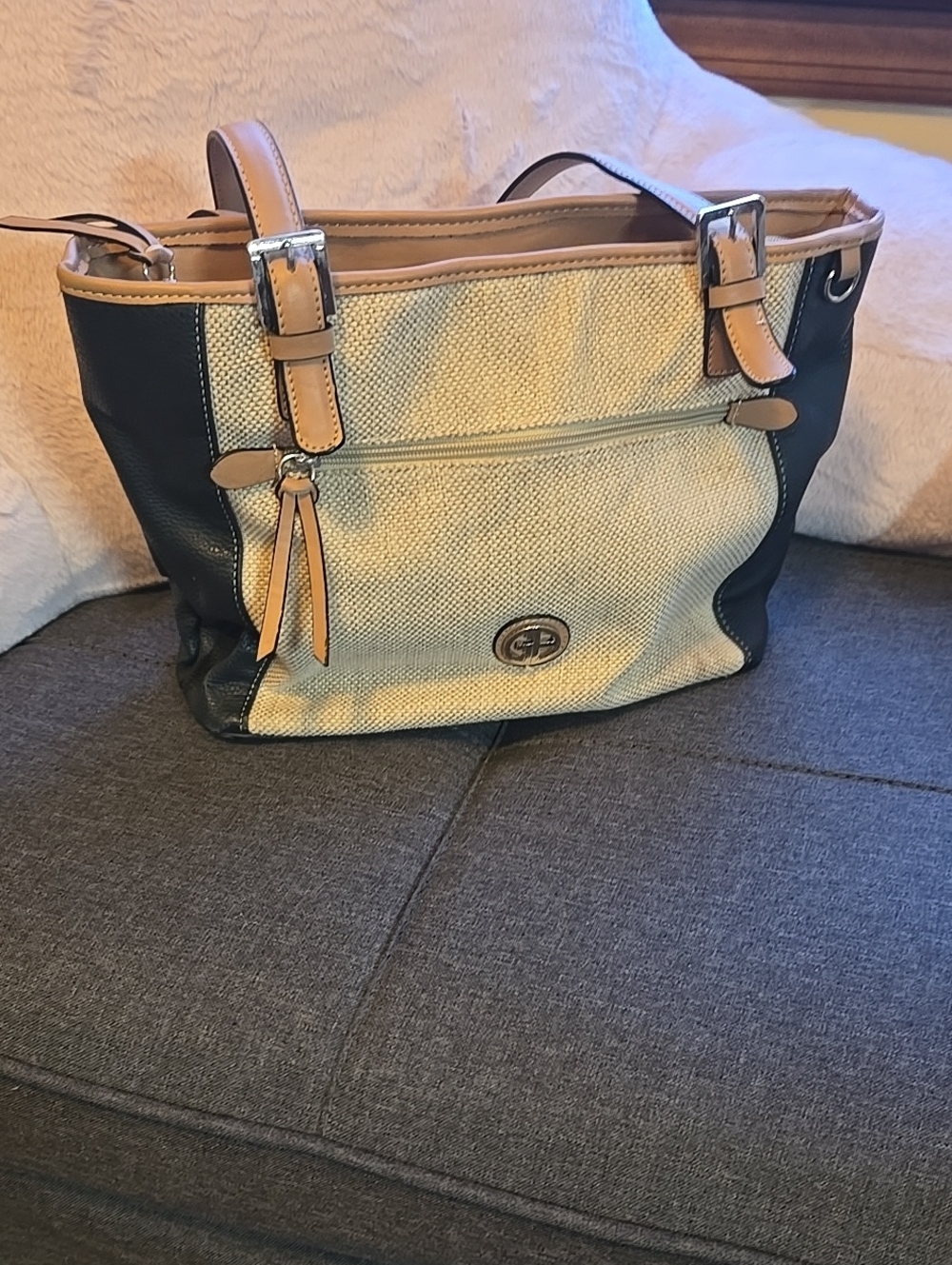 Canvas and Leather Shoulder Tote in Beige, Black and Tan